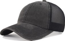 Vintage Washed Unstructured Snapback Baseball Hat One Size, Mesh Back Black
