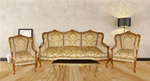 Antique French Louis XV Walnut Gold Velvet Tapestry Sofa plus 4 Arm Chairs
