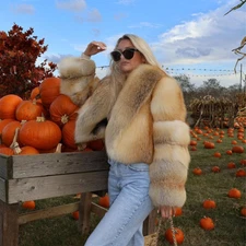 Fashion Women Real Golden Island Fox Fur Short Coat Winter Shawl Jacket Overcoat