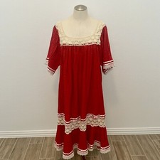 Vintage Mexican Red Kaftan Tunic Lace Dress size Large VTG