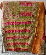 Indian Handmade Kantha Quilt Vintage Bedspread Throw Cotton Blanket Gudari Twin