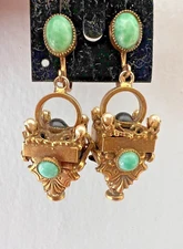 Victorian Revival Peking Glass Faux Pearl Red Glass Fob Drop Dangle Earrings