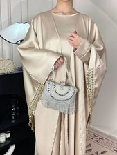 Dubai Batwing Tassel Open Kimono Kaftan Muslim Abaya Maxi Dress 2pcs Set Evening