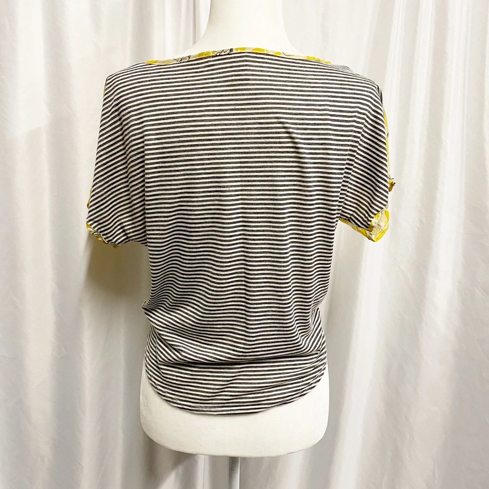 Sheer Yellow Rose Print & Striped Tie Front Blouse Size XS - Image 4 of 4