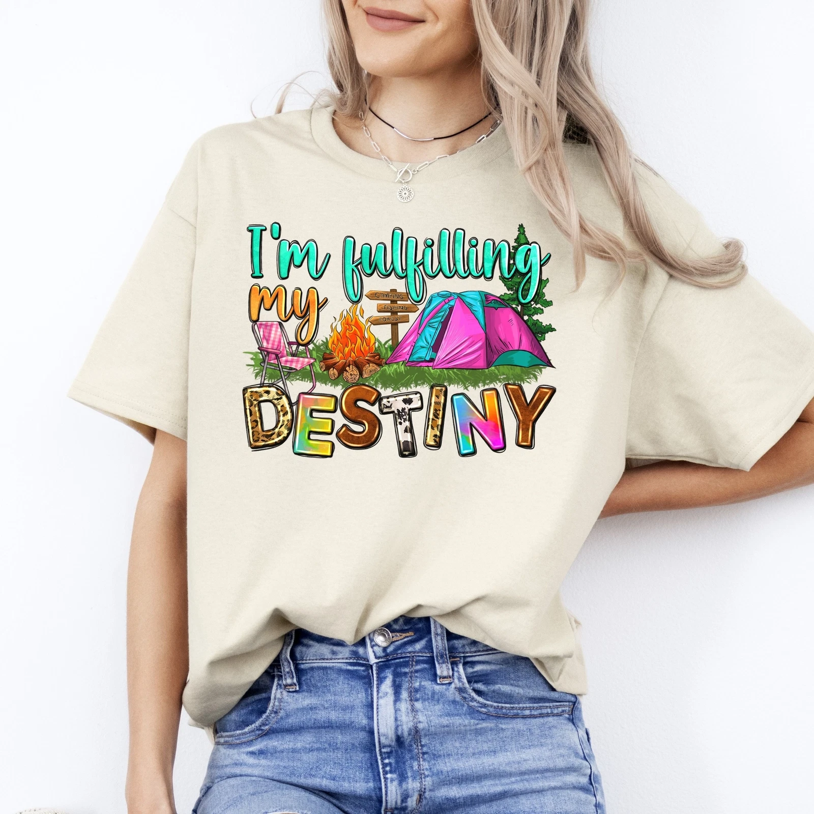 I'm fulfilling my destiny camping T-Shirt happy camper Unisex Tee Sand White Spo