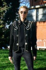 Womens Western Jacket Suede Leather Black Native American Fringe Beads Bone Coat