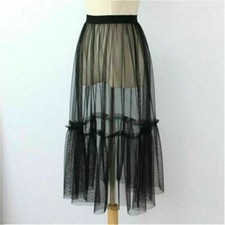 Damen Netz Durchsichtig Rock Tutu Tüll Elastisch Taille Midi Lang Sexy