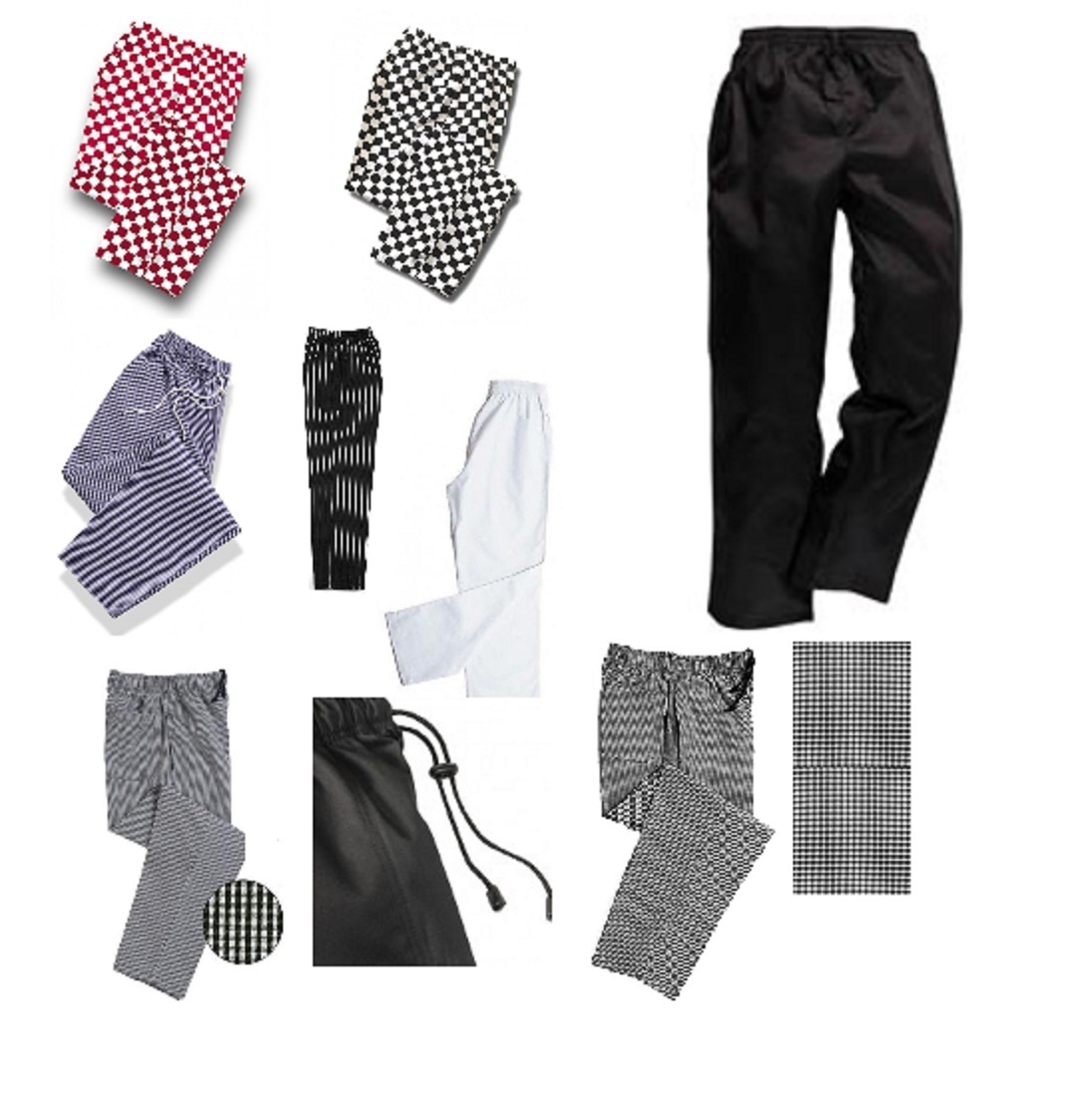 CHEFS TROUSERS, PANTS, KITCHEN UNIFORM BOTTOMS PLAIN CHESSBOARD GINGHAM