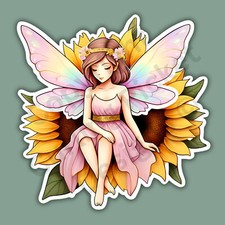 Fairy Sitting on a Sunflower Mystical Mythical Flower Cute 3" Vinyl Sticker