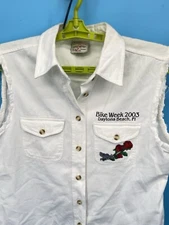 Biker Design Sleeveless Shirt Large White Button Down Cut Off Red Roses Biker