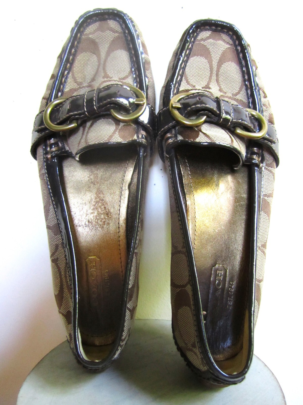 Coach Sharin Brown Jacquard Logo Patent Leather Loafers Women's Size 6.5 Pre-Owned-image