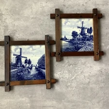 Pair Wall Decoration Blue Delft Blauw framed tiles windmills in wooden frame