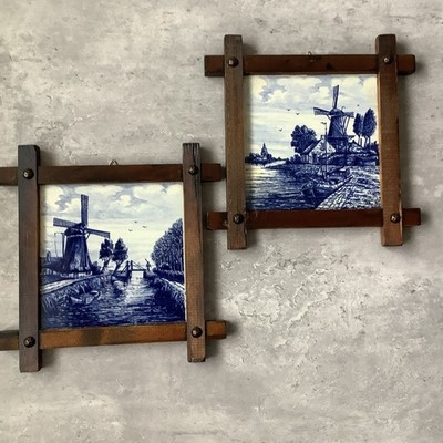 Paar Wanddeko Blau Delfter Blauw gerahmte Fliesen Windmühlen im Holzrahmen