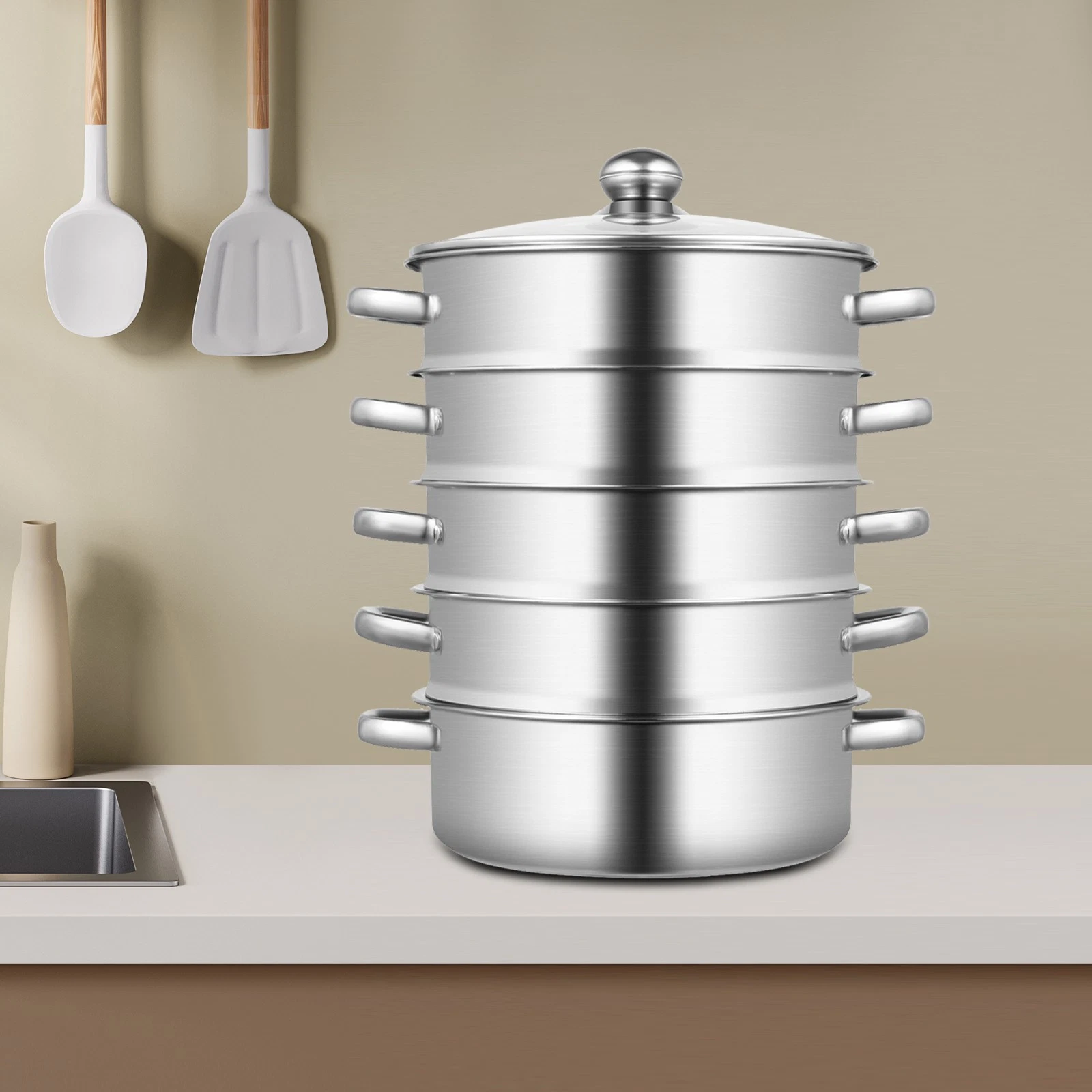 5 Tier Stainless Steel Steamer Cooker Steam Pot Kitchen Food Cooking + Glass lid