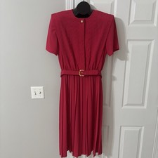Leslie Fay VTG Pink Pleated Dress 14 Short Sleeves Solid Modest Classic Belted