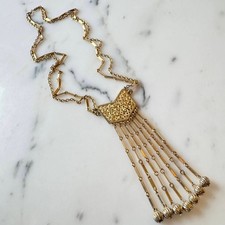 Vintage Gold Tone Geometric Bib Necklace Long Fringe Tassel Statement Chain