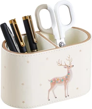 Christmas Pen Holder for Desk, PU Leather Pencil Holder for Desk with 2 Compartm