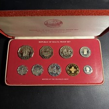 1977 Republic Of Malta Decimal Proof 9 Coin Set Franklin Mint FBOX