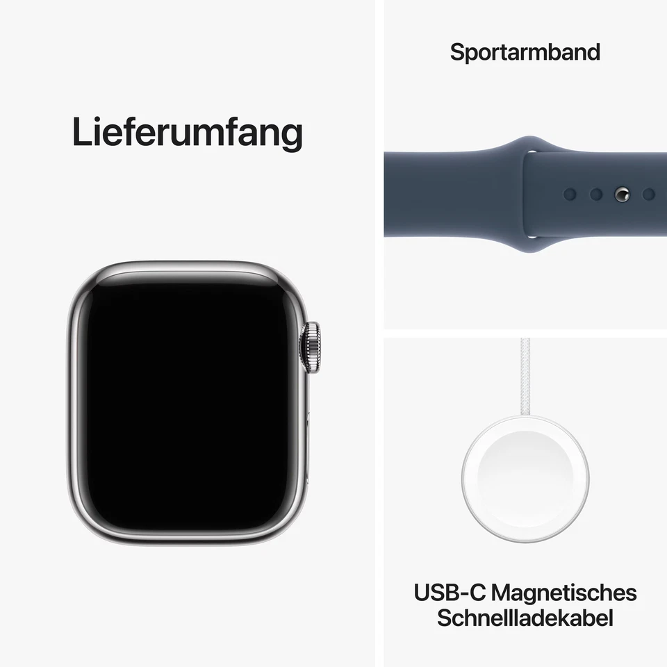 Apple Watch Series 9 LTE 41mm Edelstahl Silber Sportarmband Sturmblau M/L - Bild 2 von 4