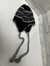 Columbia Knit Winter Fleece Lined Ear Flap Tassel Black/Gray Unisex Beanie Hat