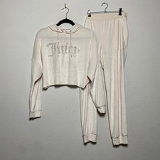 Juicy Couture Cream Velour Rhinestone Tracksuit Set Cropped Hoodie Joggers M Y2K