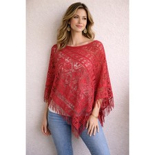Soft Surroundings Red Crochet Lace Poncho Wrap Fringe Cotton Boho Shawl One Size