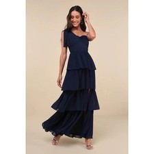Lulus Elevated Vision Navy Blue One-Shoulder Tiered Maxi Dress Size XS