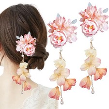 Chinese Floral Hair Clips Pink Rose Tassel Pearl Hanfu Style Decorative 2 Pack