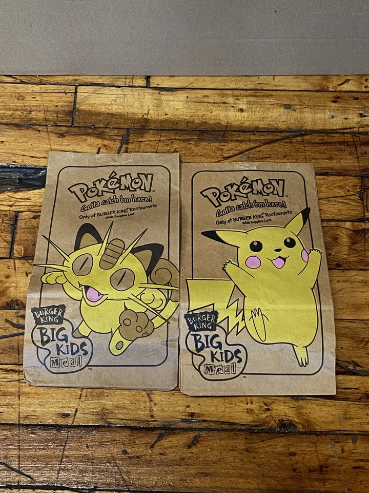 Lote de 4 bolsas de papel de comida vintage 1999 Pokemon Pikachu Meowth Burger King niños Foto 2 de 4
