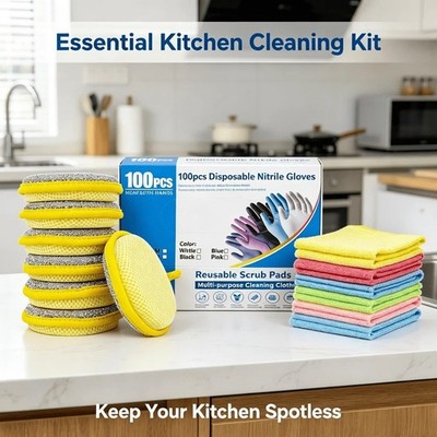 Kitchen Cleaning Kit 100 Nitrile Gloves 10 Scrub Pads 10 Microfiber Cloths