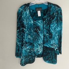 Alex Evenings Womens Teal Black Glitter Abstract 2 Piece Jacket Top Set Size L
