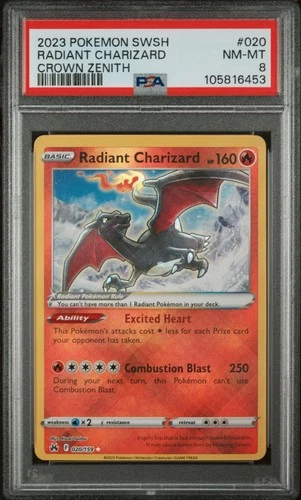 2023 POKEMON SWORD & SHIELD CROWN ZENITH #020 RADIANT CHARIZARD PSA 8
