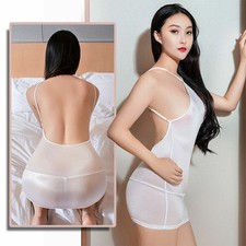 Women's Backless Sheer Lingerie Satin Shiny Bodycon Cocktail Mini Dress Clubwear
