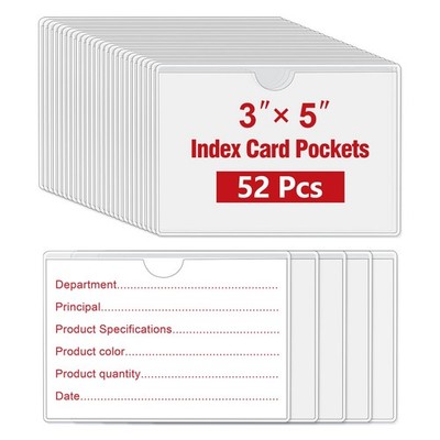 Self Adhesive Index Card Pockets 52 Pcs 3'' x 5'' Clear Top Open Labels Holders
