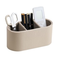 Beige PU Leather Remote Control Holder 3 Compartment Desk Nightstand Organizer