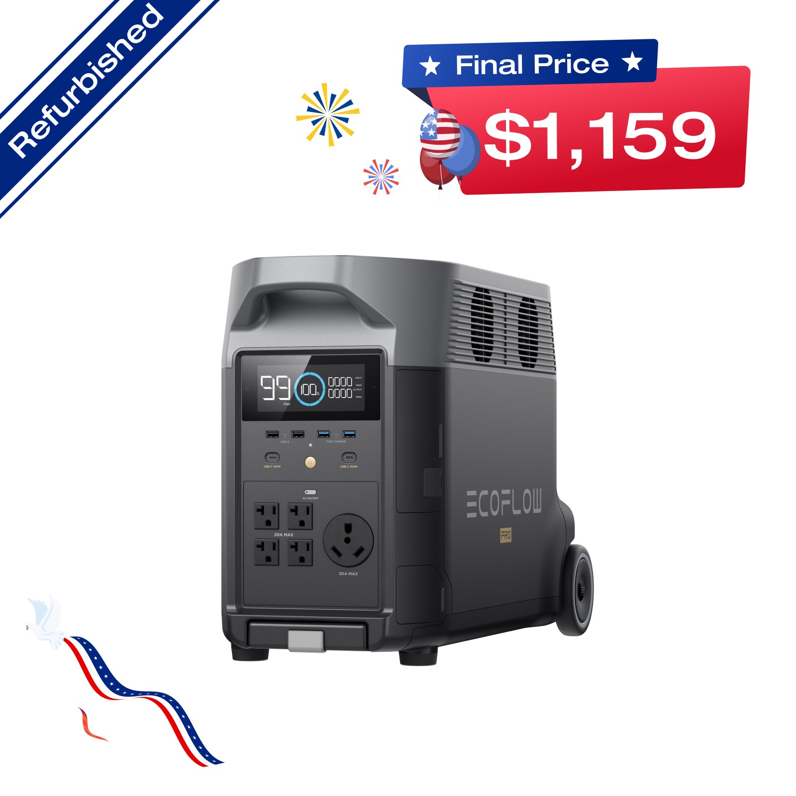 EcoFlow DELTA Pro 3600Wh Power Station Generator Certified Refurbished, LFP