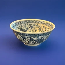 Japanese Porcelain Rice Bowl 6”D Blue & White Floral/Geometric