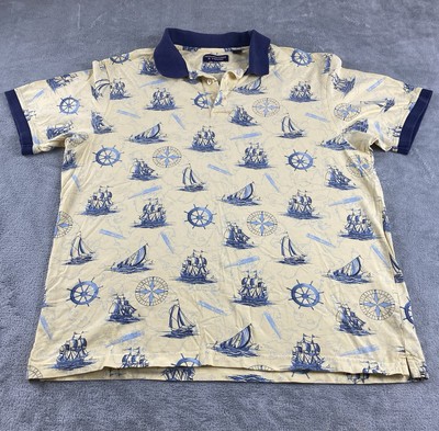 Roundtree & Yorke Men s Polo Shirt L.  Yellow Blue Ships Print Coastal C18