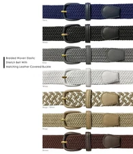 7001 Men's Leather Covered Buckle Woven Elastic Stretch Belt 1-1/4" Wide