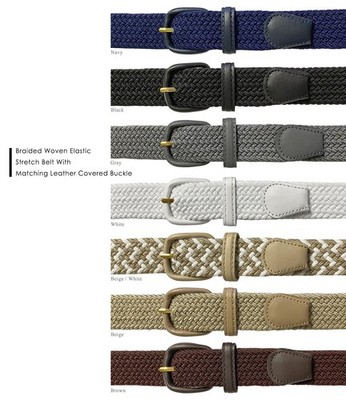 7001 Men's Leather Covered Buckle Woven Elastic Stretch Belt 1-1/4'' Wide