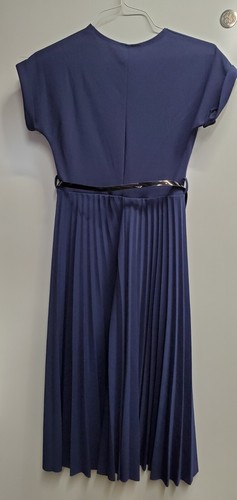 Small Navy Blue Pleated Midi Dress With Belt  - Picture 6 of 6