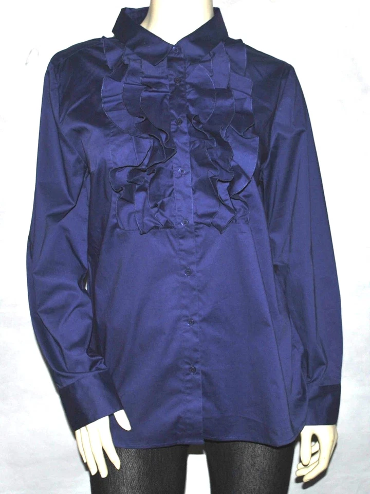 Isaac Mizrahi Live! Рубашка с длинным рукавом Ruffle Front Placket, темно-синяя средний размер A203081 - Изображение 3 из 4