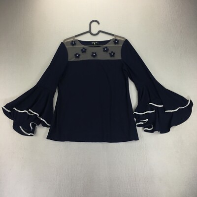 Prelude Blouse Top Shirt Women's Small Rhinestone Bell Sleeves Beaded Netting