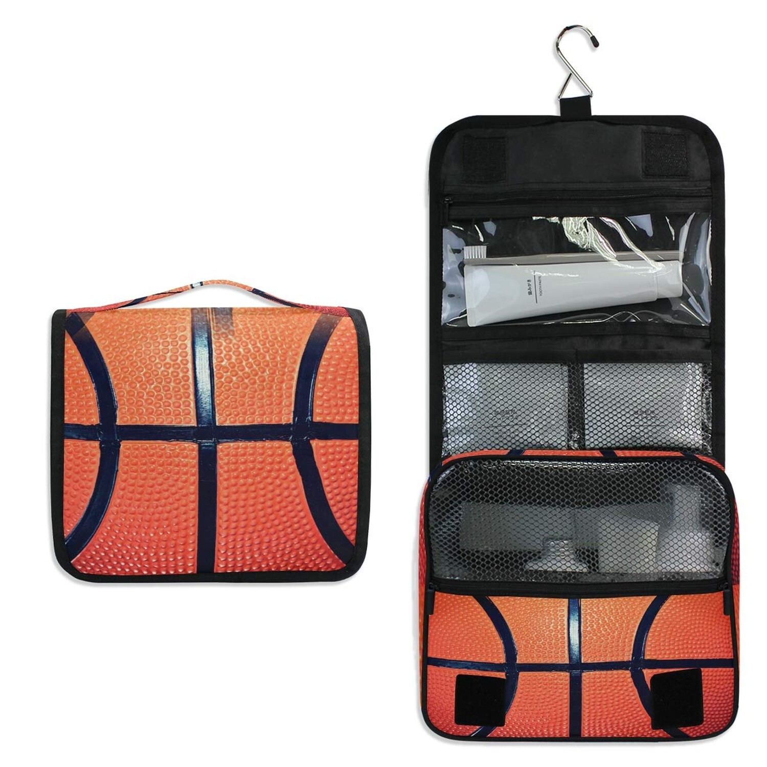 Sport Ball Basketball-Themed Portable Hanging Toiletry Bag for Travel