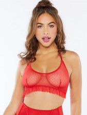 SAVAGE X FENTY Women's 'CANDY HEART' Berry Red DOTTED MESH HALTER CROP CAMI - XS