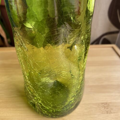 Vintage Blenko CRACKLE Glass TUMBLER #418L Pinched Dimpled 6" Tall Olive GREEN - Picture 2 of 6