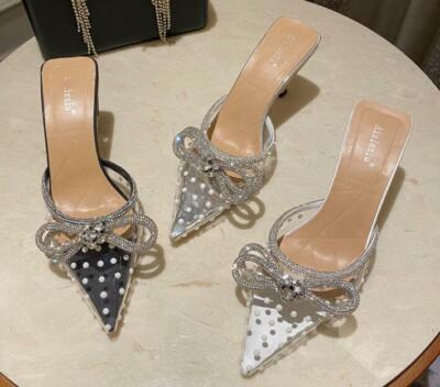 Womens Trendy Pointy Toe Diamante Bowknot Wave Point Mules Mid Heels Slippers BE