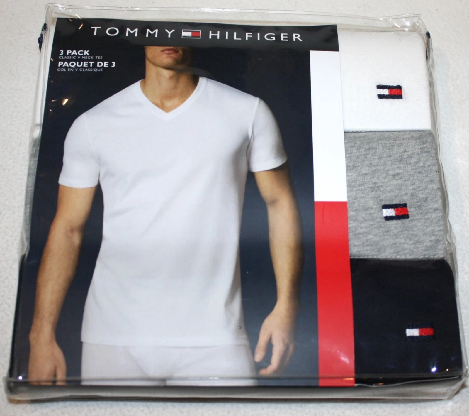3 Tommy Hilfiger V-Neck T-Shirts Cotton White Gray Navy 3 Pack New