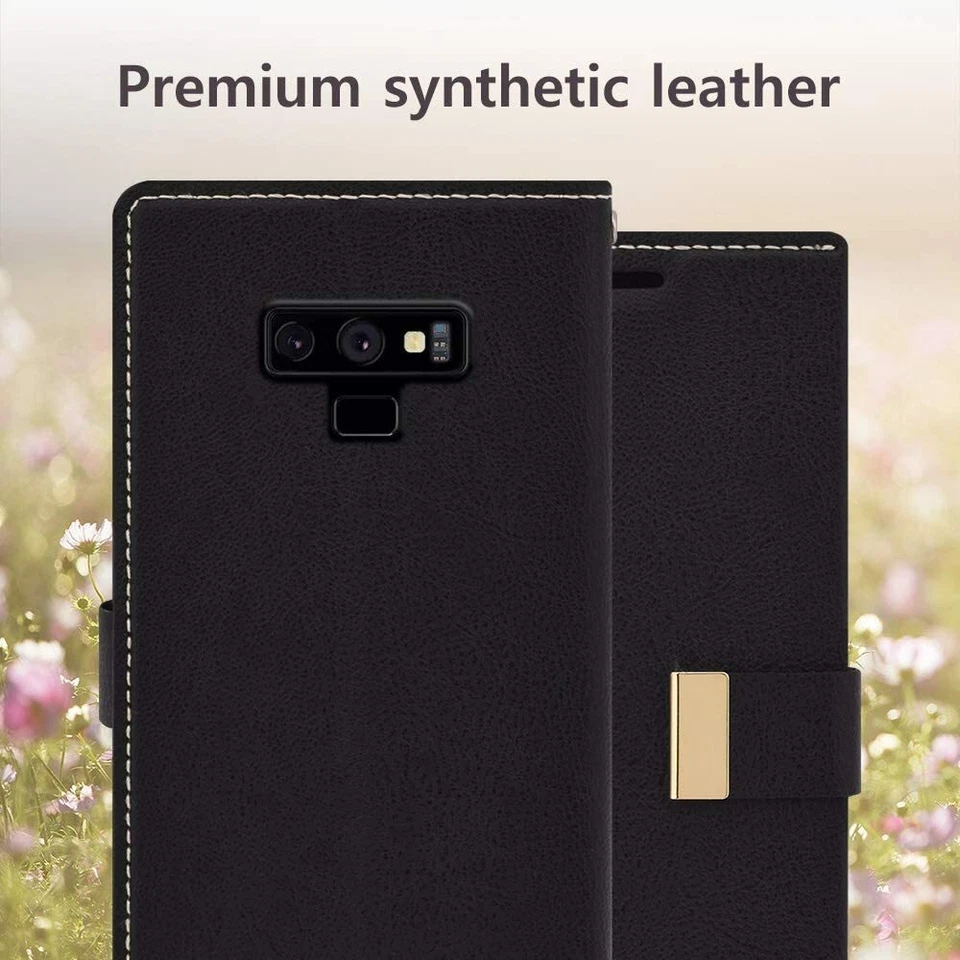 Qoosan Galaxy Note 9 Funda Billetera, Delgada Cuero Cubierta Abatible con Tarjetero, Negra Foto 2 de 4