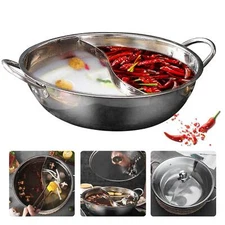 12" Stainless Steel Pot Hot Pot Shabu Shabu Dual Site Divider Cooking Pot + Lid